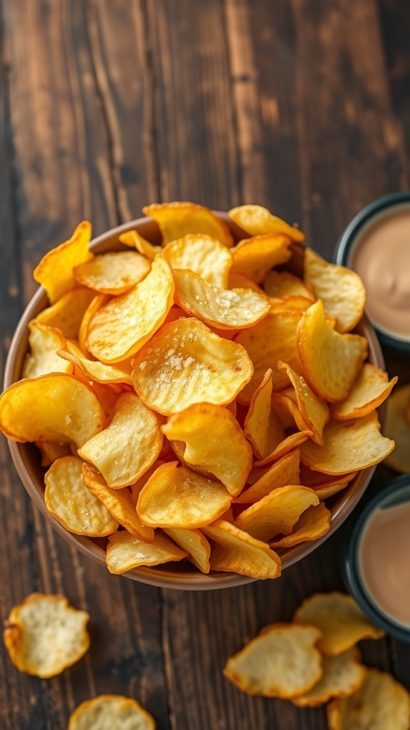 A bowl of crispy homemade potato chips with a sprinkle of salt, served with a dip on a rustic table.